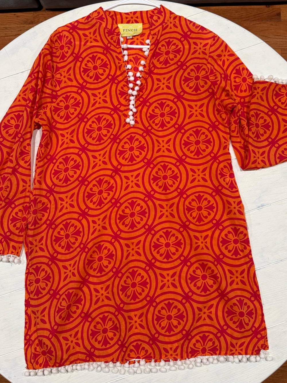 Orange & Red Pom-Trim Printed Tunic